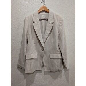 Loft Womens Blazer Jacket 10 Linen Blend Single Button Pinstripe Beige Classis